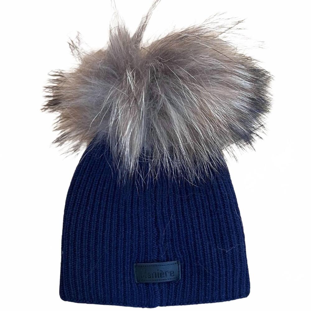 NEW MANIERE knitted wool pom hat in navy